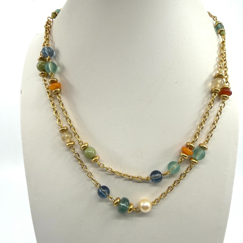 Multi-Color Beaded Statement Station Necklace Gold Tone Layered Boho Artisan